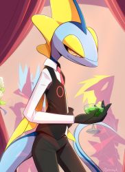 Rule 34 | bright pupils, brown vest, closed mouth, clothed pokemon, collared shirt, commentary, cosplay, creatures (company), cup, deltarune, from side, game freak, gen 8 pokemon, glass, highres, holding, holding cup, inteleon, liquid, long sleeves, necktie, nintendo, pants, pokemon, shirt, smile, swatch (deltarune), swatch (deltarune) (cosplay), toxtricity, toxtricity (amped), toxtricity (low key), vest, white pupils, white shirt, yellow eyes, zymonasyh