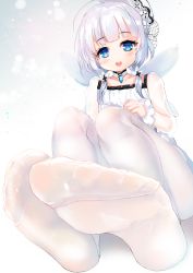 Rule 34 | 1girl, aged down, azur lane, bad id, bad pixiv id, blue eyes, coat dress, dress, fake wings, feet, lace-trimmed headwear, lace trim, legs, little illustrious (azur lane), low twintails, no shoes, pantyhose, piaroo, see-through, see-through sleeves, smile, soles, solo, twintails, white dress, white hair, white headwear, white pantyhose, wings