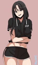 Rule 34 | 1girl, :d, artist name, beautiful gunbari, black eyes, black hair, black shirt, black shorts, commentary, crossed arms, korean commentary, looking at viewer, marheit, midriff, navel, open mouth, seo hee-joo, shirt, short shorts, short sleeves, shorts, simple background, smile, solo, standing
