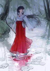 Rule 34 | 1girl, absurdres, black hair, bow (weapon), full body, hakama, highres, holding, holding bow (weapon), holding weapon, inuyasha, japanese clothes, kikyou (inuyasha), long hair, long sleeves, miko, outdoors, red hakama, reflection, sandals, sidelocks, solo, standing, tabi, tree, very long hair, walking, water, weapon, zhaoye, zouri