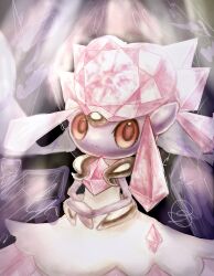 Rule 34 | 1girl, animal ears, artist name, chest jewel, closed mouth, colored sclera, colored skin, creatures (company), diancie, expressionless, female focus, flat chest, furry, furry female, game freak, gen 6 pokemon, highres, legendary pokemon, long hair, looking to the side, mega diancie, mega pokemon, mythical pokemon, neverland+, nintendo, own hands together, pink gemstone, pink hair, pokemon, pokemon (creature), purple skin, red eyes, red sclera, sidelocks, signature, sketch background, solo, upper body