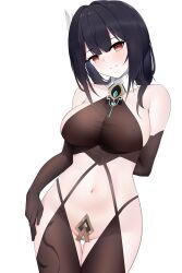 Rule 34 | 1girl, absurdres, arm behind back, azur lane, bare shoulders, black gloves, black hair, breasts, chen hai (azur lane), chen hai (retrofit) (azur lane), closed mouth, crotch plate, elbow gloves, gloves, halterneck, highres, large breasts, looking at viewer, medium hair, navel, no panties, red eyes, simple background, smile, solo, stomach, thigh gap, white background, zerotwenty (020)