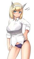 1girl absurdres blonde_hair blue_eyes bra_visible_through_clothes breasts collared_shirt dated dress_shirt hand_on_own_hip headgear highres kantai_collection large_breasts maru_(marg0613) one-hour_drawing_challenge panties purple_panties rodney_(kancolle) shirt short_hair solo twitter_username underwear white_shirt