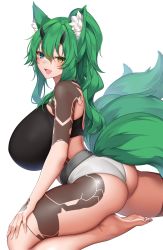 Rule 34 | 1girl, :d, animal ear fluff, animal ears, ass, protagonist (pso2), bandaid, bandaid on face, bandaid on nose, bare legs, barefoot, blue eyes, blush, breasts, commission, deuman, fox ears, fox tail, from side, green hair, grey panties, hair between eyes, heterochromia, highres, horns, huge breasts, long hair, looking at viewer, looking to the side, multiple tails, open mouth, original, panties, phantasy star, phantasy star online 2, ponytail, simple background, skeb commission, smile, solo, suruga (xsurugax), tail, tsutsune (pyobbo), underwear, white background, yellow eyes