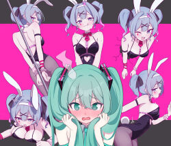 Rule 34 | 1girl, 4 m lacra, :p, @ @, absurdres, blue hair, blush, breasts, green eyes, green hair, hatsune miku, highres, holding own hair, leotard, medium breasts, multiple persona, multiple views, one eye closed, outside border, playboy bunny, pure pure (rabbit hole), rabbit hole (vocaloid), sexually suggestive, tongue, tongue out, twintails, vocaloid