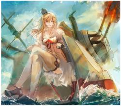 Rule 34 | 1girl, absurdres, blonde hair, blue eyes, blue sky, braid, cannon, cloud, crown, dated, dress, firing, flower, french braid, garter straps, highres, kantai collection, long hair, long sleeves, machinery, mini crown, muzzle flash, nagasawa tougo, off-shoulder dress, off shoulder, red flower, red ribbon, red rose, ribbon, rose, scepter, sitting, sky, solo, thighhighs, throne, twitter username, warspite (kancolle), water, white dress, white thighhighs