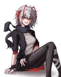 Rule 34 | 1girl, absurdres, ahoge, antennae, arknights, black gloves, black jacket, black pantyhose, black scarf, breasts, demon girl, demon horns, feet out of frame, fingerless gloves, gloves, grey hair, grey shirt, highres, horns, jacket, knees up, looking at viewer, open clothes, open jacket, orange eyes, pantyhose, petra (jgc845601), scarf, shirt, short hair, simple background, sitting, small breasts, solo, w (arknights), white background