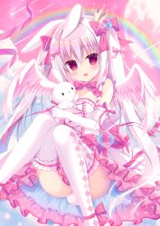 Rule 34 | 1girl, angel wings, animal ears, ass, blush, bow, bowtie, breasts, checkered clothes, checkered legwear, choker, cleavage, commentary request, crown, elbow gloves, feathered wings, feet out of frame, frilled thighhighs, frills, gloves, hair bow, hair ribbon, hasune, leg ribbon, long hair, mini crown, no panties, open mouth, original, petticoat, pink background, pink hair, pink ribbon, rabbit ears, rabbit tail, rainbow, ribbon, small breasts, solo, stuffed animal, stuffed rabbit, stuffed toy, tail, thighhighs, twintails, white thighhighs, white wings, wings