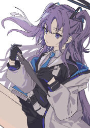 Rule 34 | 1girl, absurdres, belt, black gloves, black jacket, black skirt, blue archive, blue necktie, breasts, clipboard, coat, collared shirt, gloves, halo, highres, holding, holding clipboard, holding pen, jacket, long hair, long sleeves, looking at viewer, miniskirt, necktie, off shoulder, open clothes, open coat, pen, pouch, purple eyes, purple hair, shirt, simple background, skirt, small breasts, solo, two side up, upper body, white background, white coat, yu yin, yuuka (blue archive)