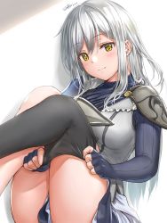 Rule 34 | 1girl, adjusting clothes, adjusting legwear, armor, black thighhighs, commentary request, dated, fingerless gloves, flower knight girl, ginryousou (flower knight girl), gloves, highres, long hair, long sleeves, looking at viewer, shoulder armor, signature, silver hair, single thighhigh, sitting, smile, solo, thighhighs, white background, yellow eyes, yukinoshiro