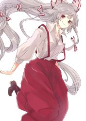 Rule 34 | 1girl, azpainter (medium), baggy pants, boots, bow, brown footwear, closed mouth, collared shirt, commentary, door (honto honto1909), foot out of frame, fujiwara no mokou, grey hair, hair bow, high heel boots, high heels, highres, long hair, long sleeves, looking at viewer, pants, red bow, red eyes, red pants, shirt, simple background, smile, solo, split mouth, suspenders, touhou, two-tone bow, very long hair, white background, white bow