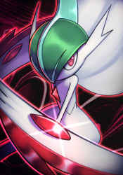Rule 34 | absurdres, black background, cape, commentary request, creatures (company), energy, floating cape, gallade, game freak, gen 4 pokemon, glowing, highres, looking at viewer, mega gallade, mega pokemon, nintendo, pink eyes, pokemon, pokemon (creature), silverchariotx, solo, white cape