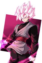 Rule 34 | 1boy, baggy pants, black pants, black shirt, clenched hand, closed mouth, dougi, dragon ball, dragon ball super, earrings, energy, goku black, gradient background, grey eyes, hair between eyes, highres, jewelry, komesan 0212, long sleeves, looking at viewer, male focus, multicolored background, pants, pectorals, pink hair, potara earrings, red background, red sash, sash, shirt, smile, smirk, solo, spiked hair, super saiyan, super saiyan rose, v-shaped eyebrows, white background