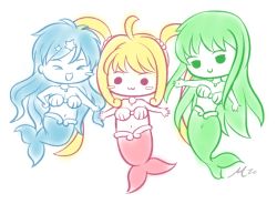 Rule 34 | &gt; &lt;, 3girls, :3, blonde hair, blue eyes, blue hair, blue theme, bra, chibi, closed eyes, flower, green eyes, green hair, hair between eyes, hair flower, hair ornament, houshou hanon, jewelry, long hair, looking at viewer, mermaid, mermaid melody pichi pichi pitch, monster girl, multiple girls, nanami lucia, necklace, pink bra, ponytail, shell, shell necklace, smile, solid circle eyes, touin rina, underwear