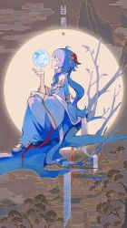 Rule 34 | 1girl, ahoge, alternate costume, architecture, bare shoulders, blue hair, closed eyes, closed mouth, commentary request, detached sleeves, dress, east asian architecture, from side, full body, full moon, ganyu (genshin impact), genshin impact, goat horns, hair ornament, high heels, highres, horns, long hair, moon, orb, profile, qingxin gua yu, sash, shawl, sitting on branch, solo, white dress, white footwear, white shawl, white sleeves, wide sleeves