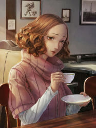 Rule 34 | 10s, 1girl, absurdres, brown eyes, brown hair, chair, cup, highres, namako mikan, okumura haru, parted bangs, persona, persona 5, picture frame, ribbed sweater, saucer, short hair, sitting, solo, sweater, table, teacup