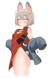 Rule 34 | 1girl, :3, absurdres, animal ears, ass, bare shoulders, blush, breasts, china dress, chinese clothes, dress, earrings, grey hair, groin, gun, handgun, heart, heart-shaped pupils, highres, holster, holstered, jacket, jewelry, kijikoru, looking at viewer, mole, mole under eye, no panties, off shoulder, original, pink eyes, short hair, simple background, small breasts, solo, symbol-shaped pupils, tail, weapon, white background