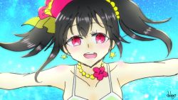 Rule 34 | 1girl, artist name, artist request, bare shoulders, bikini, black hair, blush, bow, breasts, cleavage, collarbone, earrings, female focus, flower, green bikini, hair bobbles, hair bow, hair flower, hair ornament, hiyo (hiyo matu 25), jewelry, looking at viewer, love live!, love live! school idol project, natsuiro egao de 1 2 jump!, outstretched arms, parted lips, red eyes, red flower, short hair, small breasts, smile, solo, star (symbol), star earrings, striped bikini, striped clothes, swimsuit, twintails, yazawa nico