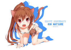 Rule 34 | 1boy, 1girl, all fours, animal ears, breasts, brown hair, casual, cat ears, downblouse, fang, little busters!, long hair, mini person, miniboy, misaki juri, natsume kyousuke, natsume rin, ponytail, red eyes, small breasts, solo focus, tail