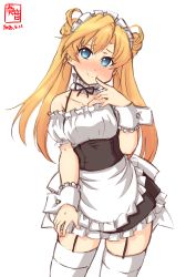 Rule 34 | 1girl, abukuma (kancolle), alternate costume, apron, artist logo, black skirt, blonde hair, blouse, blue eyes, commentary request, dated, detached sleeves, double bun, enmaided, frilled apron, frilled shirt, frilled skirt, frills, garter straps, hair bun, hair rings, highres, kanon (kurogane knights), kantai collection, long hair, looking at viewer, maid, maid headdress, shirt, simple background, skirt, smile, solo, standing, thighhighs, waist apron, white apron, white background, white shirt, white thighhighs