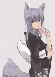 Rule 34 | 1girl, animal ears, bracelet, floral print, fox ears, fox tail, grey eyes, highres, japanese clothes, jewelry, kimono, long hair, long sleeves, looking at viewer, obi, open mouth, original, sash, silver hair, simple background, solo, tail, touma kisa, wide sleeves