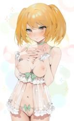 Rule 34 | 1girl, absurdres, babydoll, bad id, bad pixiv id, bare arms, bare shoulders, blonde hair, blush, breasts, choker, cleavage, cleft of venus, commentary request, cowboy shot, cupless babydoll, embarrassed, eyelashes, frilled cuffs, frills, green choker, green nails, hands on own chest, hands up, highres, inverted nipples, long hair, looking at viewer, medium breasts, nail polish, navel, nipples, ohisashiburi, orange eyes, orange nails, original, parted lips, see-through, solo, standing, stomach, tearing up, tears, twintails, wrist cuffs