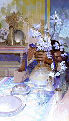 Rule 34 | 1boy, absurdres, achooho, brown hair, canteen, check copyright, chinese commentary, commentary request, copyright request, covered mouth, dining room, elbow on table, glass, green eyes, highres, indoors, long sleeves, looking to the side, male focus, on chair, original, petals, plant, plate, potted plant, realistic, shadow, shirt, short hair, sitting, solo, tablecloth, thick eyebrows, upper body, vase, white footwear, white shirt