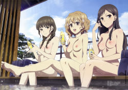 Rule 34 | 10s, 3girls, :d, absurdres, barefoot, black eyes, black hair, blue sky, breasts, brown eyes, brown hair, closed mouth, cloud, collarbone, day, detexted, drink, feet, female focus, flower, hair flower, hair ornament, hanasaku iroha, highres, holding, legs, long hair, looking at viewer, matsumae ohana, medium breasts, multiple girls, nipples, nude, nude filter, oohigashi yurie, open mouth, oshimizu nako, outdoors, shiny skin, short hair, sitting, sky, smile, soles, text focus, third-party edit, toes, tsurugi minko, twintails, wading, water, wavy hair, wet
