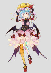 Rule 34 | 1girl, arms up, asymmetrical legwear, bat wings, blue hair, candy, corset, dress, ekita kuro, elbow gloves, food, full body, gloves, grey background, halloween, halloween costume, hands up, hat, highres, jack-o&#039;-lantern, lollipop, looking at viewer, mob cap, pink hat, pink skirt, pumpkin, red eyes, red footwear, remilia scarlet, shoes, short hair, simple background, skirt, solo, striped clothes, striped thighhighs, thighhighs, touhou, uneven legwear, vertical-striped clothes, vertical-striped thighhighs, wings