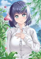 Rule 34 | 1girl, aqua eyes, blue hair, blurry, blurry foreground, breasts, closed mouth, collarbone, collared shirt, commentary request, day, dress shirt, flower, hand on own chest, head tilt, highres, kurokawa akane, large breasts, leaf, long sleeves, looking at viewer, medium hair, oshi no ko, partial commentary, pink flower, plant, puffy sleeves, shirt, smile, solo, star-shaped pupils, star (symbol), symbol-shaped pupils, ueya (31615901), upper body, white shirt