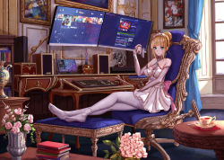 1girl, bare shoulders, black tea, blonde hair, book, chair, computer, cup, dress, elbow gloves, feet, feet on chair, flower, gloves, green eyes, highres, jewelry, keyboard (computer), looking at viewer, medium hair, monitor, mouse (computer), no shoes, original, pantyhose, rococo movement, skirt, soles, table, tea, teacup, white dress, white legwear, yuzuriha