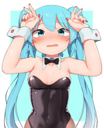 Rule 34 | 1girl, abmayo, absurdres, aqua eyes, aqua hair, arms up, bare arms, bare shoulders, black bow, black bowtie, black leotard, blue background, blush, border, bow, bowtie, breasts, collarbone, commentary request, covered navel, detached collar, double v, embarrassed, hatsune miku, highres, leotard, long hair, looking at viewer, medium breasts, nail polish, nose blush, open mouth, pantyhose, playboy bunny, red nails, shiny clothes, solo, strapless, strapless leotard, twintails, v, very long hair, vocaloid, white border, wrist cuffs
