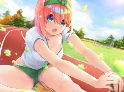 Rule 34 | 1girl, :o, bare legs, blue eyes, blue sky, blush, breasts, character name, clothes writing, clover, collarbone, day, four-leaf clover, go-toubun no hanayome, green hairband, green ribbon, green shorts, gym shirt, gym shorts, gym uniform, hair between eyes, hair ribbon, hairband, highres, looking at viewer, md5 mismatch, medium breasts, micro shorts, nakano yotsuba, open mouth, orange hair, outdoors, own hands together, panties, resolution mismatch, ribbon, shirt, short hair, short sleeves, shorts, sitting, sky, soccer field, socks, solo, source larger, stretching, track and field, tree, underwear, upshorts, waterring, white panties, white shirt, white socks, wind, yellow footwear
