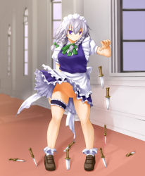 Rule 34 | 1girl, bad id, bad pixiv id, braid, colorized, frills, full body, izayoi sakuya, kasuga yukihito, knife, bridal garter, loafers, maid, maid headdress, no panties, purple eyes, pussy, revision, shoes, short hair, silver hair, sketch, socks, solo, standing, too many, too many knives, touhou, traditional media, twin braids, uncensored, wind, wind lift