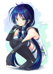 Rule 34 | 1girl, bad id, bad twitter id, black gloves, black sailor collar, black thighhighs, blue hair, commentary request, dated, elbow gloves, gloves, green eyes, grin, highres, kantai collection, lajhen2651, long hair, low twintails, ribbon, sailor collar, sailor shirt, school uniform, serafuku, shirt, signature, skirt, sleeveless, sleeveless shirt, smile, solo, squatting, suzukaze (kancolle), thighhighs, twintails, white shirt, white skirt