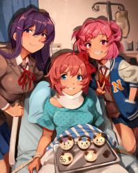 Rule 34 | 3girls, absurdres, baking sheet, bed, blue eyes, blue skirt, bound, bow, commentary, cupcake, doki doki literature club, english commentary, fang, food, hair ornament, hairclip, highres, hospital, hospital bed, hospital gown, indoors, intravenous drip, jacket, khyle., letterman jacket, long hair, looking at viewer, lying, multiple girls, natsuki (doki doki literature club), neck brace, on back, on bed, pillow, pink eyes, pink hair, pleated skirt, purple eyes, purple hair, red bow, restrained, rope, sayori (doki doki literature club), school uniform, short hair, skirt, smile, standing, tied up (nonsexual), twintails, v, yuri (doki doki literature club)