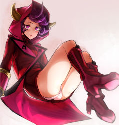 Rule 34 | 1girl, ass, boots, courtney (pokemon), courtney (pokemon oras), creatures (company), dress, expressionless, fake horns, flipped hair, game freak, high heel boots, high heels, highres, hood, horned headwear, horns, microdress, nintendo, nishiide kengorou, panties, pantyshot, pokemon, pokemon oras, purple eyes, purple hair, ribbed sweater, short hair, simple background, sitting, solo, sweater, sweater dress, team magma, underwear, uniform, white panties