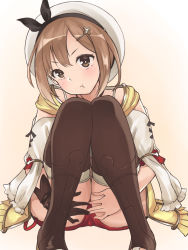 Rule 34 | 1girl, atelier (series), atelier ryza, atelier ryza 1, brown eyes, brown hair, gloves, gradient background, hair ornament, hairclip, hat, highres, jewelry, looking at viewer, minazuki minao, necklace, reisalin stout, short hair, short shorts, shorts, simple background, single glove, sitting, solo, thighhighs, thighs