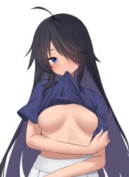 Rule 34 | 1girl, ahoge, black hair, blue eyes, blue shirt, breasts, clothes lift, hair over one eye, highres, kako (kancolle), kantai collection, lanthan, lifting own clothes, long hair, medium breasts, mouth hold, no bra, official alternate costume, shirt, shirt lift, short sleeves, skirt, solo, t-shirt, very long hair, white skirt