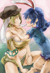 Rule 34 | 2girls, animal ears, bare legs, bare shoulders, belly, blonde hair, blouse, blue hair, blue shirt, blush, breasts, extra ears, eye contact, flat chest, food, green background, hat, large breasts, long hair, looking at another, mochi, multiple girls, navel, pink background, plump, rabbit ears, rabbit tail, red eyes, ringo (touhou), seiran (touhou), shared food, shirt, short hair, short shorts, shorts, sitting, tail, touhou, v-shaped eyebrows, wagashi, yohane, yuri