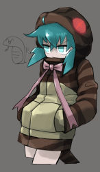 Rule 34 | 1girl, aqua eyes, aqua hair, bow, closed mouth, cropped legs, forked tongue, grey background, hair between eyes, hands in pockets, highres, hood, hood up, hoodie, kemono friends, pink bow, short hair, simple background, snake, snake tail, striped clothes, striped hoodie, tail, tirarizun, tongue, tsuchinoko (kemono friends)