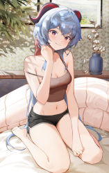 Rule 34 | 1girl, absurdres, bad id, bad pixiv id, barefoot, blue hair, blush, breasts, cleavage, crossed bangs, full body, ganyu (genshin impact), genshin impact, glass, hand on own neck, head tilt, highres, horns, indoors, kawa683, long hair, looking at viewer, low ponytail, midriff, navel, on bed, painting (object), purple eyes, scenery, shirt, shorts, sidelocks, sitting, sleeveless, sleeveless shirt, small breasts, smile, solo, spaghetti strap, strap slip, tank top, thighs, wariza