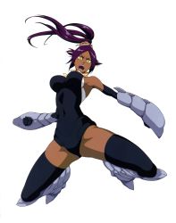 Rule 34 | 1girl, absurdres, armored leotard, black leotard, bleach, bleach: brave souls, bleach bankai battle, breasts, clenched hands, dark skin, dress, fighting stance, full body, high ponytail, highres, kubo tite, large breasts, leotard, looking at viewer, official art, purple dress, purple hair, shihouin yoruichi, sideboob, simple background, smile, wide hips, yellow eyes