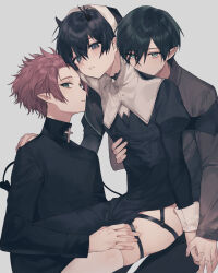 Rule 34 | 3boys, bishounen, black dress, black hair, blue eyes, blue lock, blush, brown hair, commentary request, cross, demon horns, demon tail, demon wings, dress, eyelashes, from side, green eyes, grey background, habit, haiiro (frabilovelove), hair between eyes, highres, holding hands, horns, isagi yoichi, itoshi rin, itoshi sae, juliet sleeves, long sleeves, looking at viewer, male focus, multiple boys, nun, parted lips, pink hair, pointy ears, priest, puffy sleeves, short hair, sitting, sitting on lap, sitting on person, skindentation, tail, thighhighs, traditional nun, white thighhighs, wings, yaoi