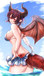 Rule 34 | 1girl, absurdres, ahoge, bikini, blue bikini, blue sky, bracelet, breasts, commentary request, day, dragon girl, dragon horns, dragon tail, dragon wings, granblue fantasy, grea (shingeki no bahamut), highres, horns, jewelry, looking at viewer, medium breasts, nnjn, partially submerged, pointy ears, red eyes, red hair, shingeki no bahamut, short hair, sky, smile, solo, swimsuit, tail, twitter username, wading, water, wings