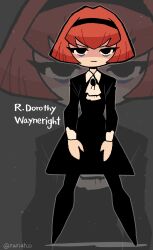 Rule 34 | 1girl, absurdres, android, bags under eyes, black dress, black eyes, black footwear, black hairband, black pantyhose, bob cut, boots, breasts, character name, commentary, dress, empty eyes, expressionless, grey background, hairband, highres, medium breasts, no fingers, pantyhose, r dorothy wayneright, rariatto (ganguri), red hair, standing, symbol-only commentary, the big o, thigh boots, twitter username, zoom layer
