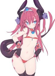 Rule 34 | 1girl, bikini, black thighhighs, blade (galaxist), blue eyes, blush, breasts, choker, closed mouth, commentary, curled horns, dragon horns, dragon tail, elizabeth bathory (brave) (fate), elizabeth bathory (fate), fate/grand order, fate (series), female focus, hair between eyes, hair ribbon, head tilt, highres, horns, long hair, looking at viewer, navel, pink hair, pointy ears, purple ribbon, red bikini, red choker, ribbon, silver trim, small breasts, solo, swimsuit, tail, tail raised, thigh gap, thighhighs, tiara, transparent background, two side up, vambraces, very long hair, webp-to-png conversion