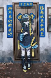 Rule 34 | 1girl, absurdres, bags under eyes, blue flower, blue footwear, blue hairband, blue jacket, blunt bangs, boots, closed mouth, commentary request, door, floral print, flower, full body, green hair, hair over one eye, hairband, highres, holding, holding smoking pipe, indie virtual youtuber, jacket, jiangshi, leg tattoo, long sleeves, looking at viewer, one eye covered, outdoors, pale skin, short hair, smoke, smoking pipe, socks, solo, standing, stitched arm, stitches, striped clothes, striped socks, tattoo, translation request, virtual youtuber, wall, window, yellow eyes, yosumi (vtuber), zinbei