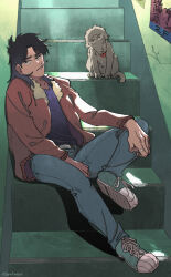 Rule 34 | 1boy, black eyes, black hair, black shirt, blue footwear, blue pants, bomber jacket, brown jacket, cigarette, closed mouth, commentary request, dog, full body, inudori, itou kaiji, jacket, kaiji, long hair, long sleeves, looking at viewer, male focus, medium bangs, open clothes, open jacket, pants, parted bangs, scar, scar on hand, shirt, shoes, sitting, sitting on stairs, smoking, sneakers, solo, stairs
