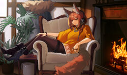 Rule 34 | 1girl, animal ears, arknights, armchair, black footwear, black headphones, boots, bracelet, brown eyes, brown hair, brown pantyhose, chair, closed mouth, commentary, commission, distr, english commentary, fire, fireplace, full body, fur-trimmed jacket, fur trim, hand on own knee, headphones, high heel boots, high heels, highres, implied extra ears, indoors, jacket, jewelry, long hair, looking at viewer, necklace, orange shirt, pantyhose, pearl necklace, plant, potted plant, ratatos browntail (arknights), shirt, sitting, smile, solo, squirrel ears, squirrel girl, squirrel tail, tail, unworn jacket